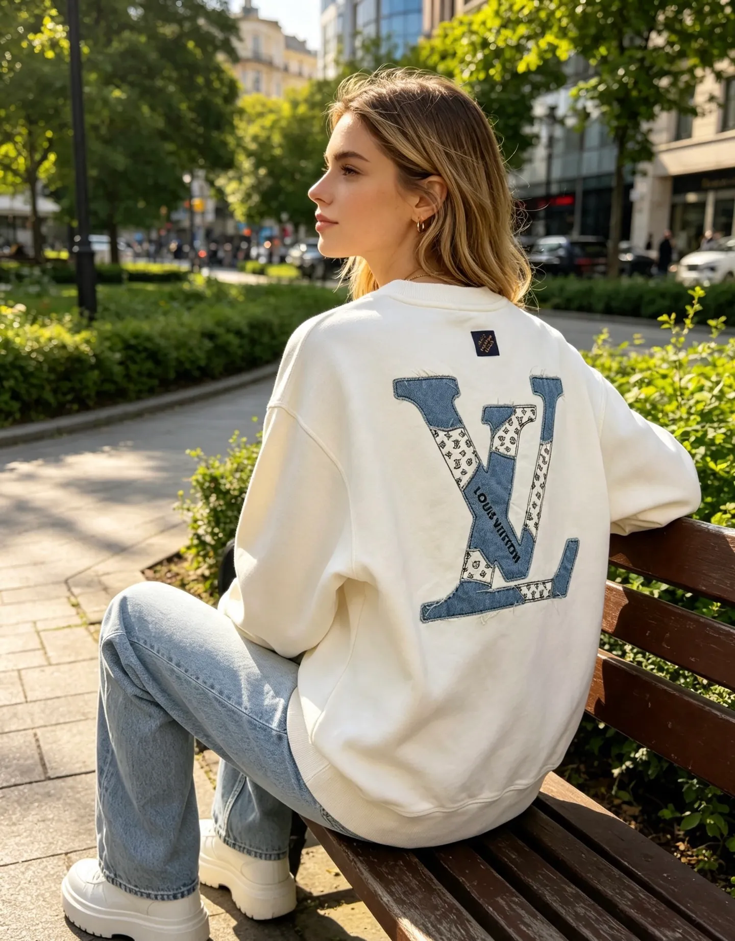 Louis Vuitton/Louis Vuitton denim patch letter embroidered crew neck sweatshirt